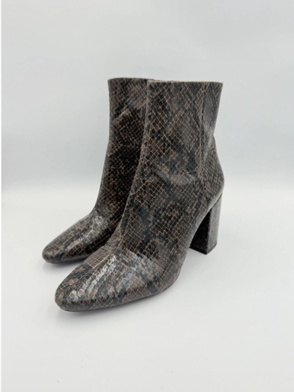 Zara Snake-Print Pointed Toe Block Heel Ankle Boots - Brown/Gray